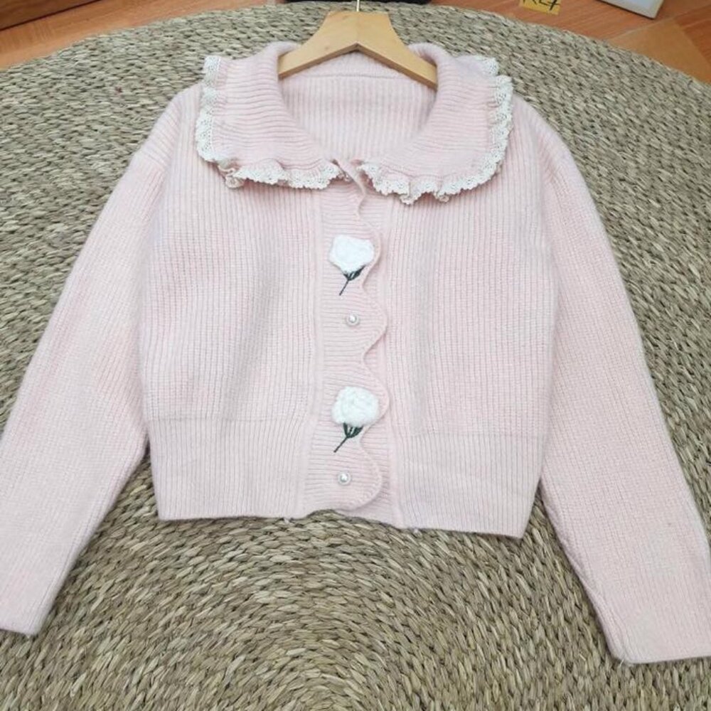 Adorable Pink Knit Cardigan Lace Collar Heart Buttons 💗